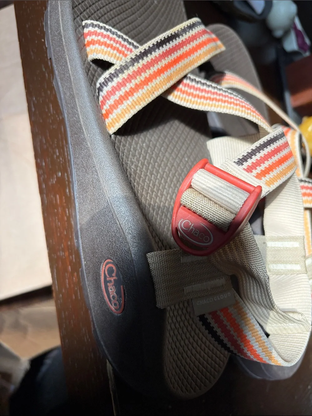 New Chaco Striped Strap Outdoor Sandals - Gray Base with Orange & Red Accents 12